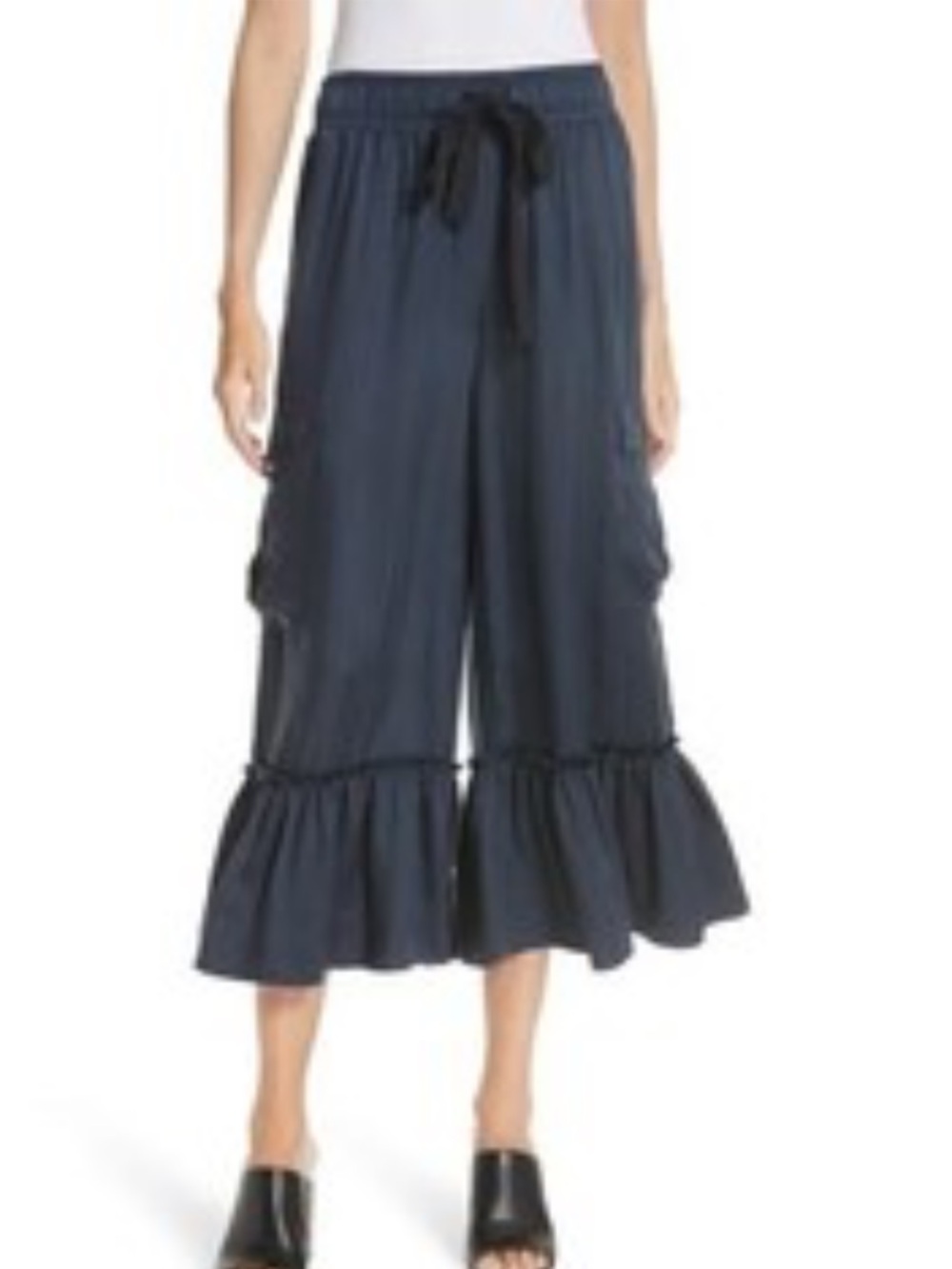 cinq a sept Navy Ruffle-Hem Wide Leg Crop Pants
